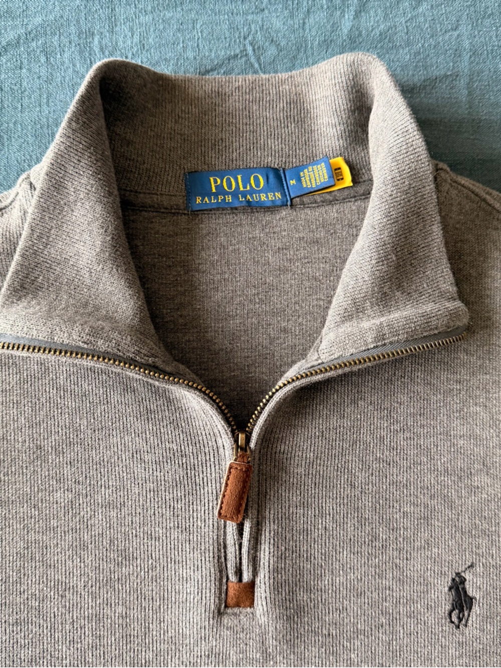 Polo by Ralph Lauren Men's Heather Gray Zip-Up Sweater with Leather Pull